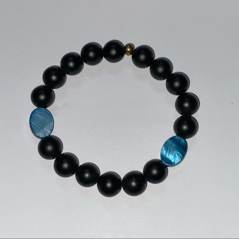 HAND CRAFTED Bracelet Onyx & Blue Mother of Pearl Matte Stretch Black Unisex - Picture 4 of 7